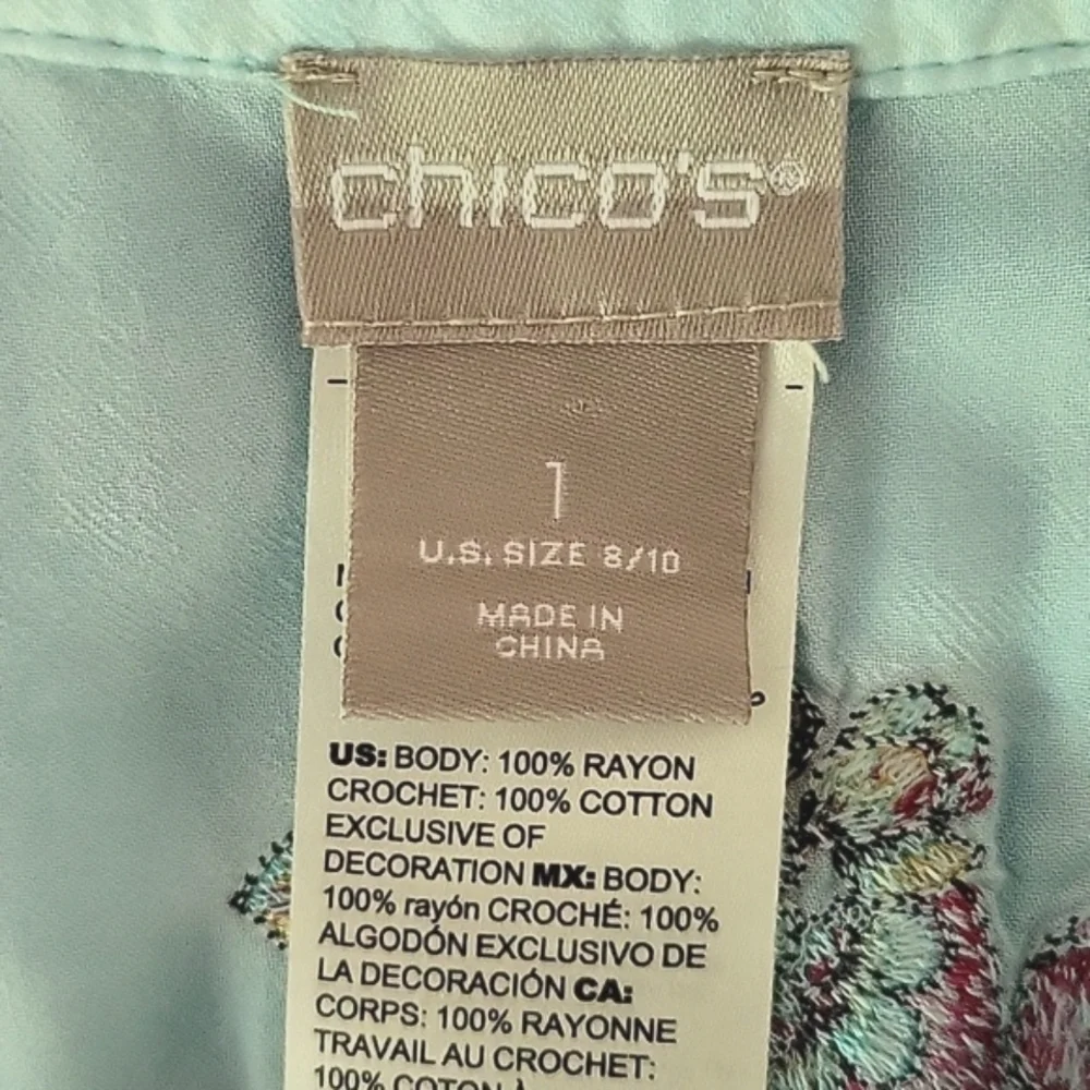 Chico's Light Blue Embroidered Boho‎ Blouse Size Medium